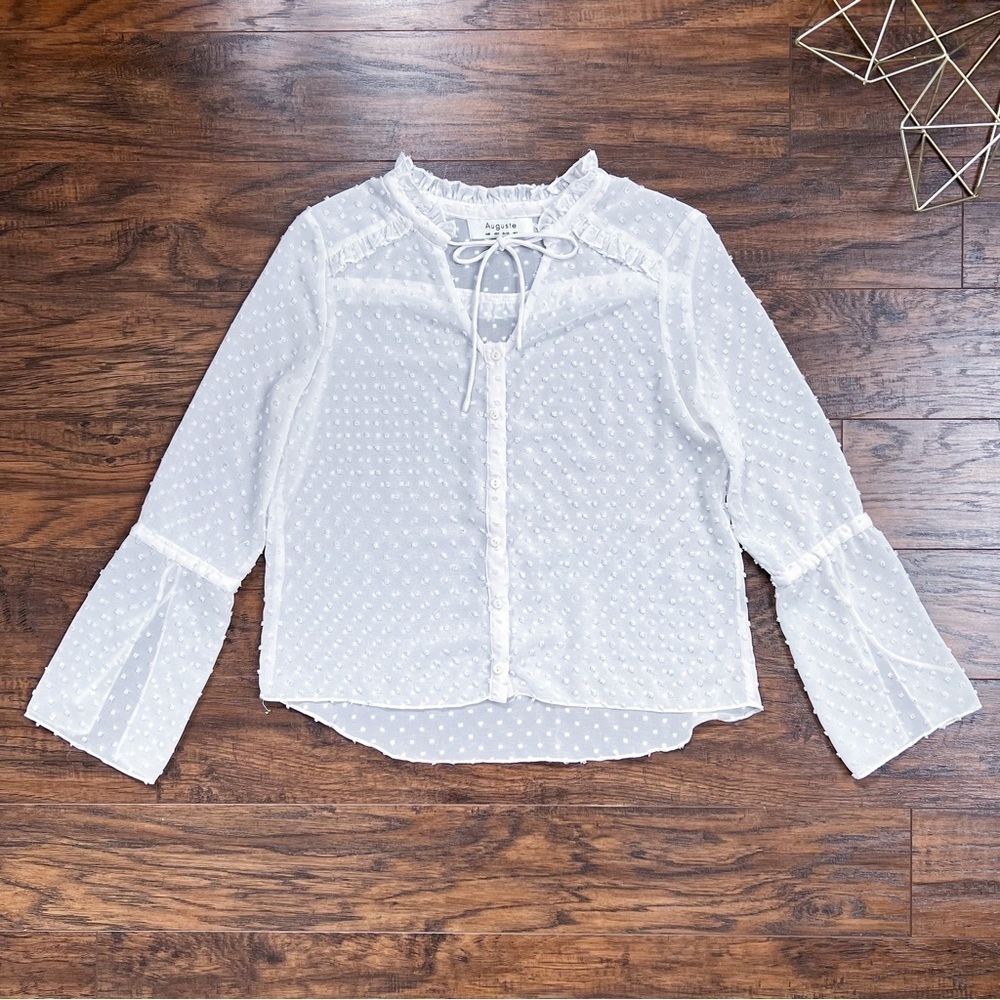 Auguste The Label • swiss dot blouse sheer white flowy bell sleeve tie neck